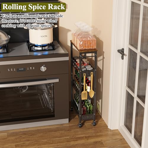 Utility Slim Storage Cart 4-Tier Rolling Cart with Wood Top A517006