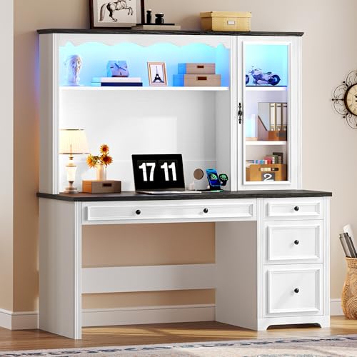 YITAHOME Executive Desk with Hutch, Drawers, Power Outlet & LED Lights, White & Black Z850393