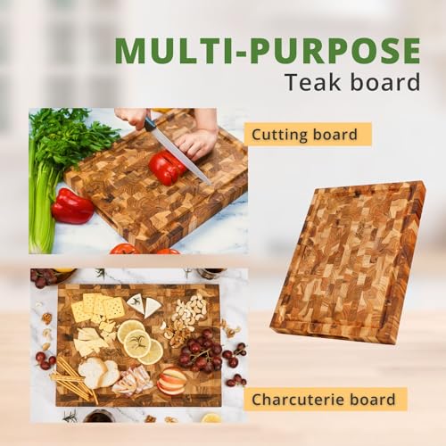 BEEFURNI Teak Wood End Grain Cutting Board with Juice Groove, Medium T51025