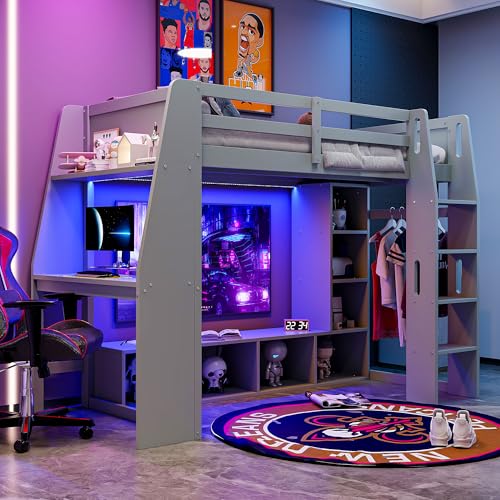 SOFTSEA Full Size Loft Bed with Desk, Storage and LED Lights, Solid Wood, Grey Q282