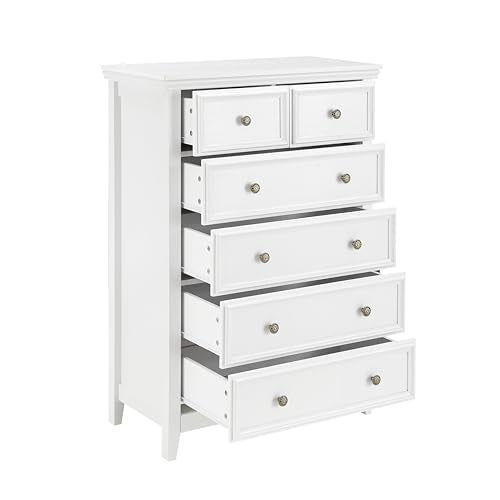 6 Drawer Dresser Chest with Slide Rails and Modern Metal Handles – Farmhouse & Modern Design, Wood Grain Tabletop, Anti-tipping Device, Multipurpose Storage Solution,White