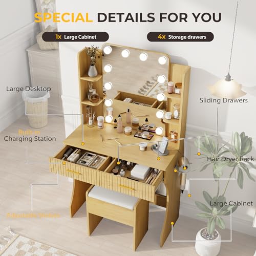 White Vanity Desk with LED Mirror and Storage Stool D5834