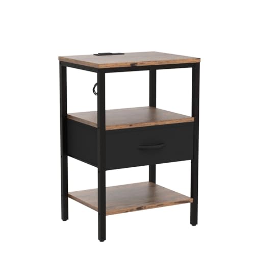 SUPERJARE Nightstand with Charging Station, Fabric Drawer, 3-Tier Storage, Walnut K366263