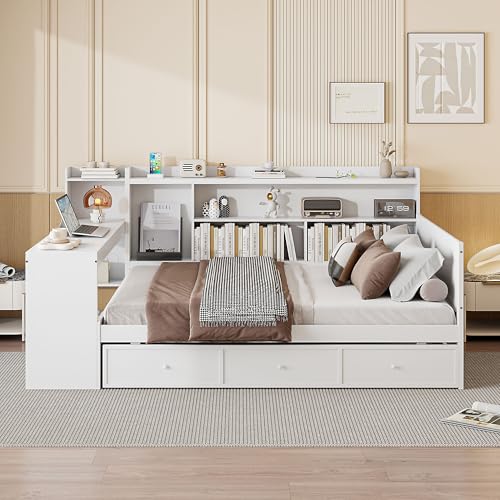 Bellemave Twin Corner Bed Frame with Storage Shelves and Desk, Gray L74206