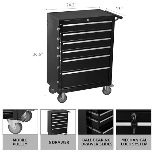 6-Drawer Rolling Tool Chest Cabinet with Wheels and Locking, Black W270288