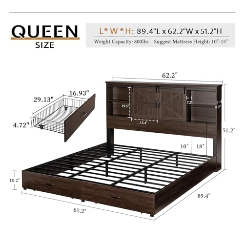 VanAcc Full Size Wooden Platform Bed with Bookcase Headboard and 2 Drawers O6158