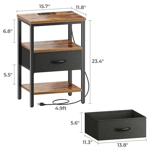 SUPERJARE Nightstand with Charging Station, Fabric Drawer, 3-Tier Storage, Walnut K366263