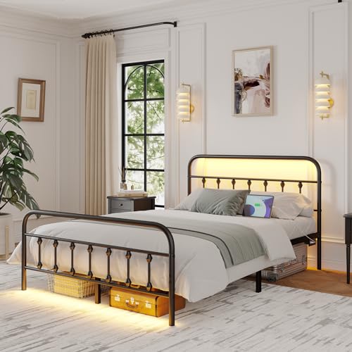 Full Bed Frame with Charging Station, Metal Platform, Black Y12142