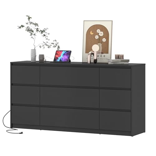White Dresser for Bedroom, 9 Drawer with Charging Station, 63 Inch Wood Chest F765