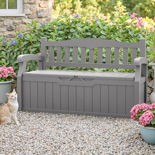 Homall 75 Gallon Outdoor Storage Bench Lockable Deck Box Waterproof UV Resistant Grey D354316