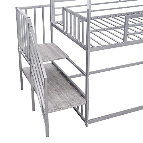 Twin Over Twin Metal Bunk Bed with Slide and Storage Stairs Y118