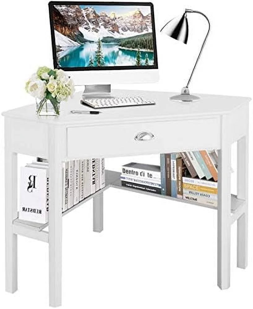 KHBIULIFE Corner Desk with Drawer and Shelves for Small Space, White & Natural O862