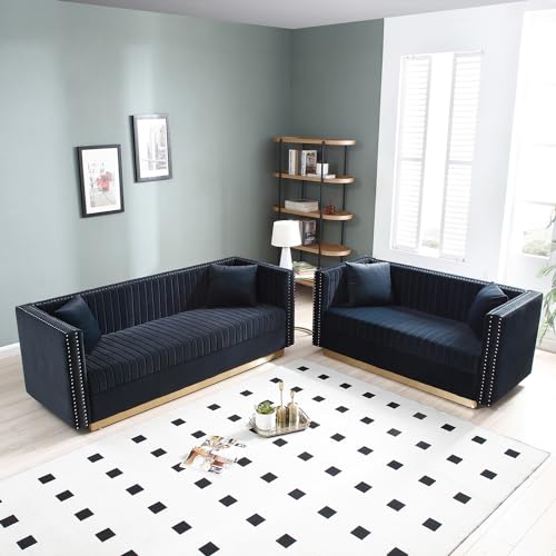 78" Velvet Couch, Modern Channel Tufted Sofa Couch with 2 Pillows, 3 Seater Upholstered Couches with Gold Metal Legs and Nailhead for Living Room, Apartment and Office (Black)