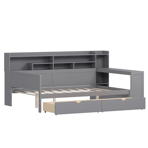 Bellemave Twin Corner Bed Frame with Storage Shelves and Desk, Gray L74206