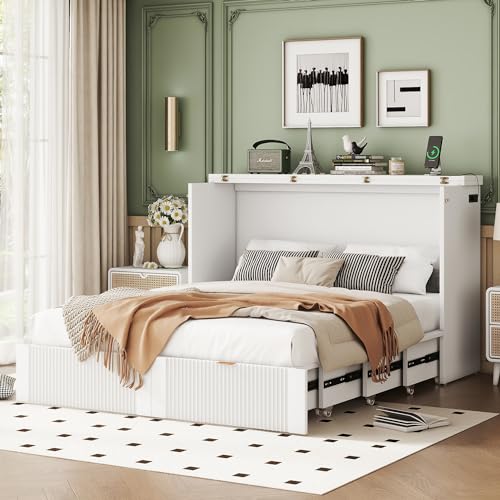 Harper & Bright Designs Queen Murphy Bed Cabinet with USB Charging Station, White D9669