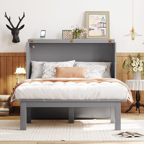Queen Size Solid Pine Murphy Bed Chest with Charging Station and Storage Drawer K498