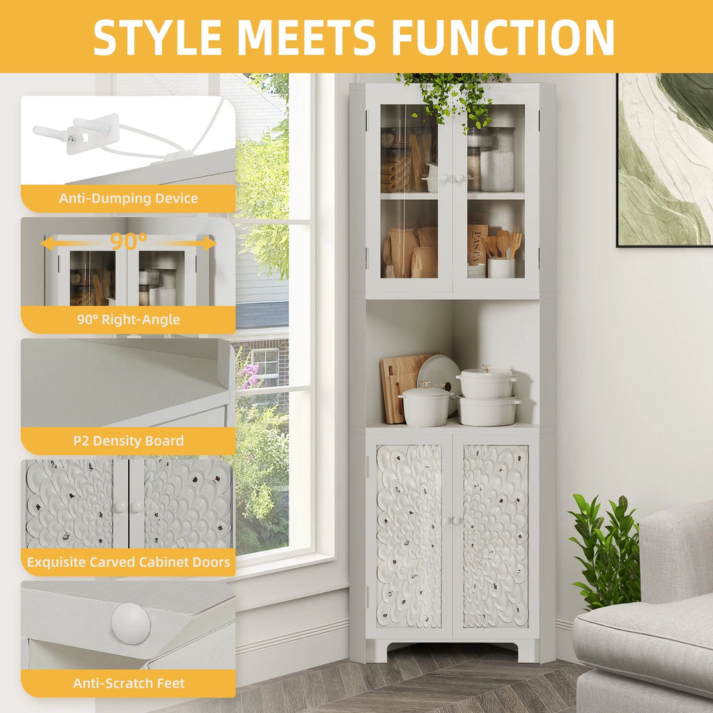DWVO 67" Tall Corner Storage Cabinet with 4 Doors, White N91659