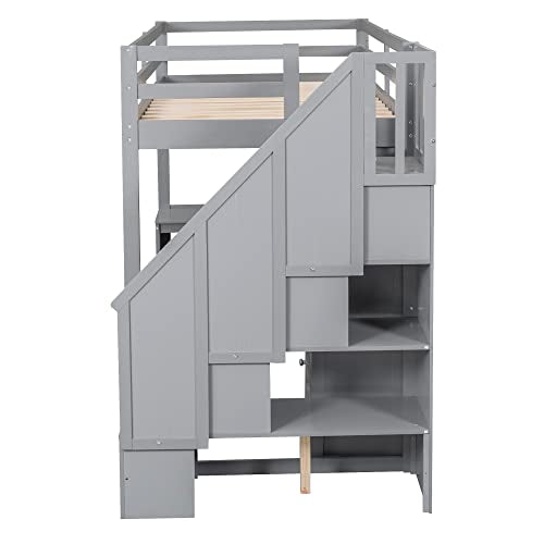 Harper & Bright Designs Twin Size Loft Bed with L-Shaped Desk and Stairs, Solid Wood, White D768