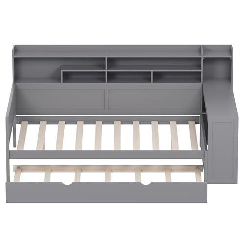 Bellemave Twin Corner Bed Frame with Storage Shelves and Desk, Gray L74206