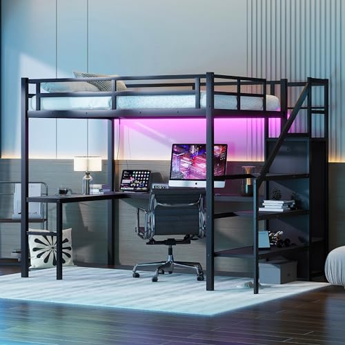 Wood Full Size Gaming Loft Bed with Desk, Multi-storage Shelves, LED and Charging Station，Suit High Loft Bed Frame with Bookshelf for Kids Teens Adults (Black, Full)