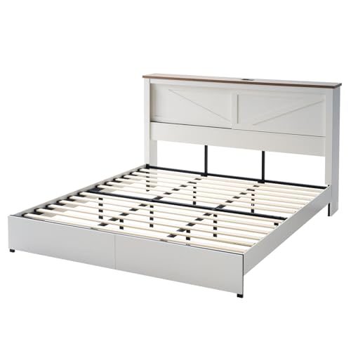 AMERLIFE King Bed Frame with Bookcase Headboard and Charging Station V4787