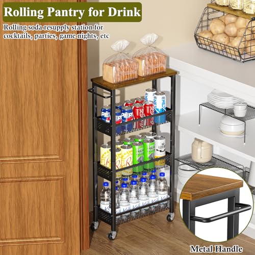 Utility Slim Storage Cart 4-Tier Rolling Cart with Wood Top A517006