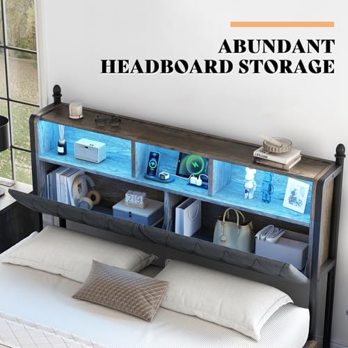 AMERLIFE Full Size Bed Frame with Bookcase Headboard, Charging Station, Rustic Brown H544