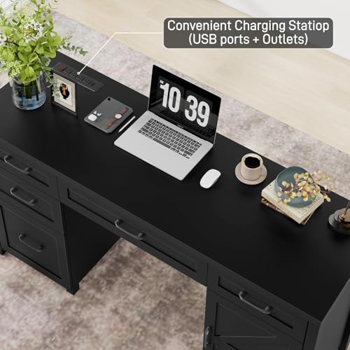 Farmhouse 61" Executive Desk with 5 Drawers and Charging Station, Pure Black W116439