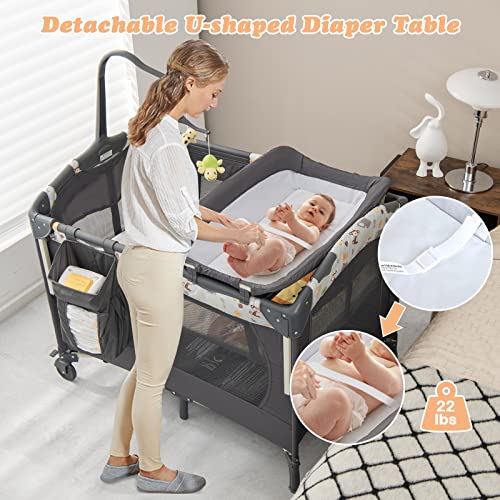 BABY JOY 4 in 1 Pack and Play, Bedside Sleeper Bassinet with Changing Table M5980