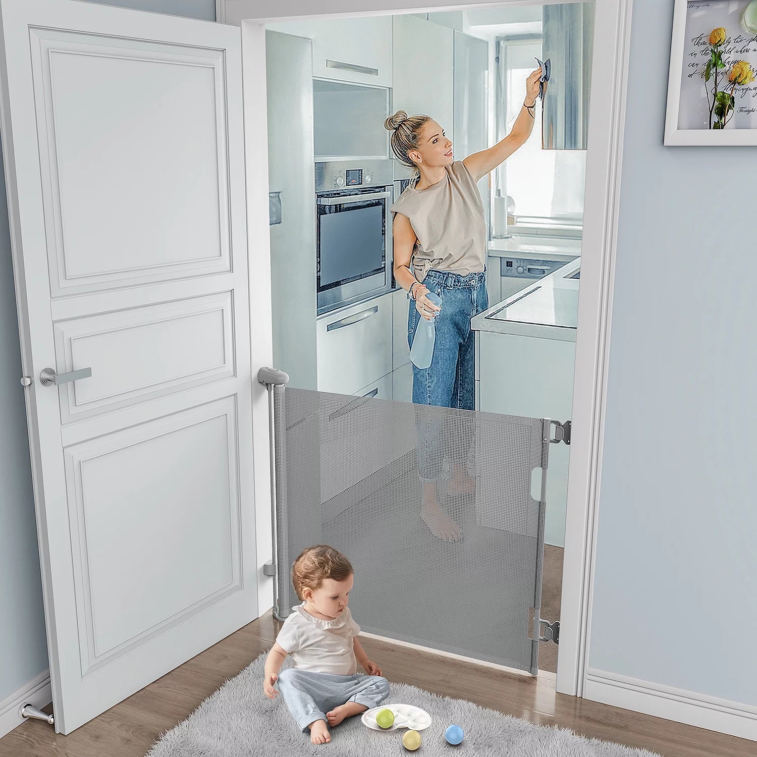 Retractable Baby Gate for Stairs, BabyBond Extra Wide 59" x 33" Tall, Gray O944