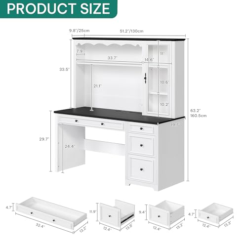 YITAHOME Executive Desk with Hutch, Drawers, Power Outlet & LED Lights, White & Black Z850393