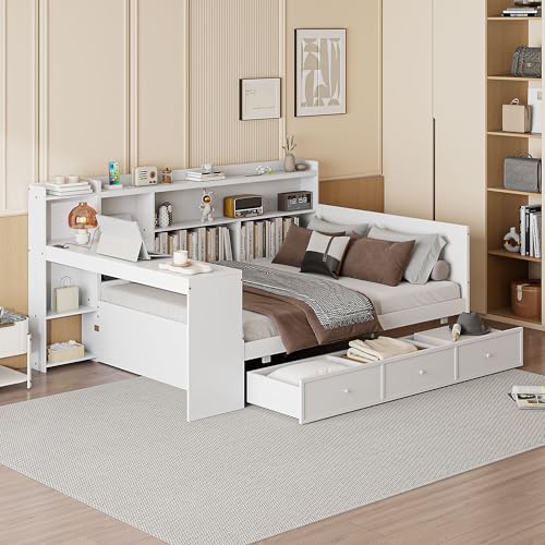Bellemave Twin Corner Bed Frame with Storage Shelves and Desk, Gray L74206