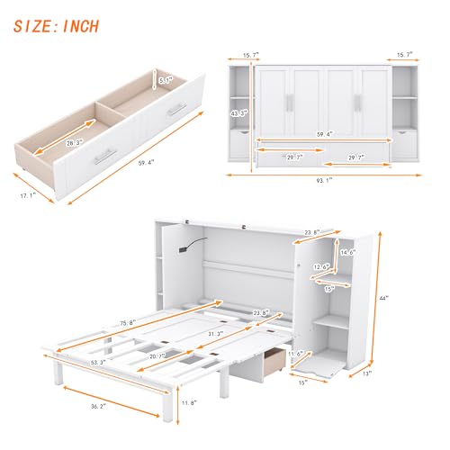 Queen Size Solid Pine Murphy Bed Chest with Charging Station and Storage Drawer K498