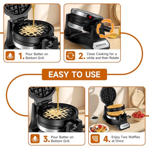 Double Belgian Waffle Maker 1400W, Rotating Nonstick Plates, Stainless Steel P913