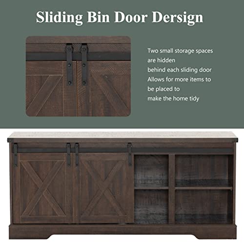 St.Mandyu Farmhouse TV Stand for TVs up to 65 inch, Wood Entertainment Center with Sliding Barn Doors, Brown C49324