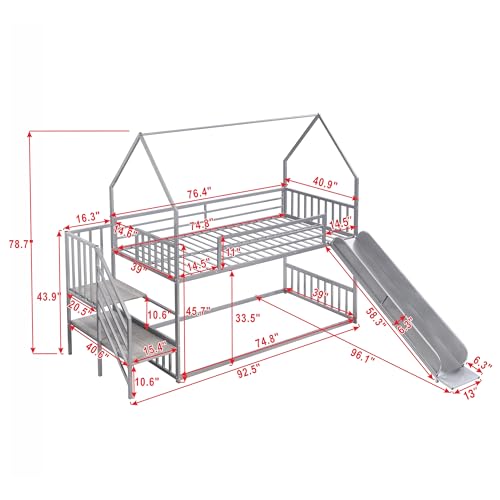 Twin Over Twin Metal Bunk Bed with Slide and Storage Stairs, Black P81241