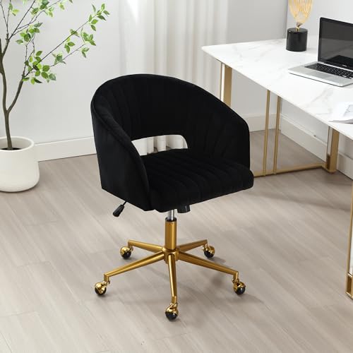 Modern Corduroy Swivel Desk Chair with Gold Base, Black Z8760