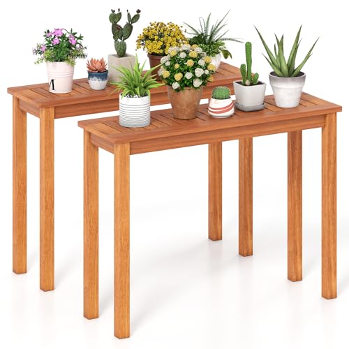 Tangkula Wooden Plant Stand with Teak Oil Finish for Outdoor Indoor B657