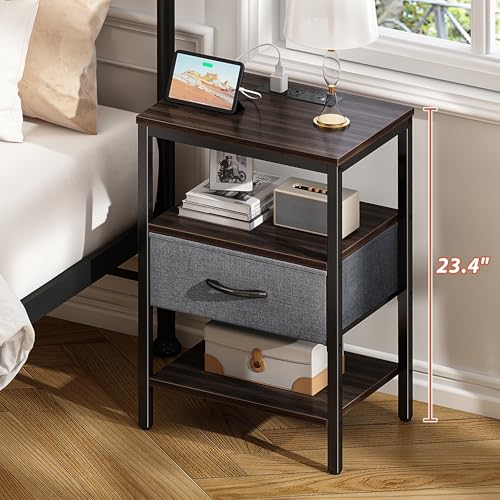 SUPERJARE Nightstand with Charging Station, Fabric Drawer, 3-Tier Storage, Walnut K366263