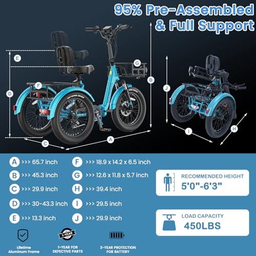 MOONCOOL Electric Tricycle for Adults, 500W 48V Folding 3-Wheel Bike with Basket O9027