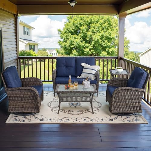 Outdoor Wicker Swivel Rocker Chairs Set of 2 with Rattan Side Table, Brown/Blue B592