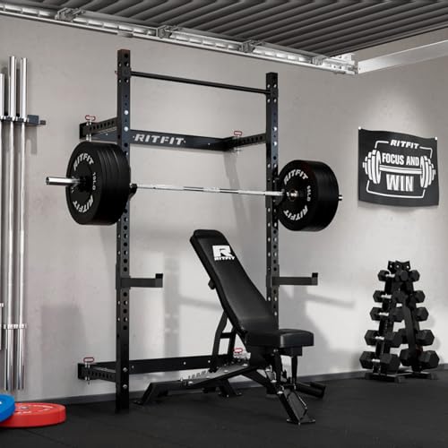 RitFit Multi-Functional Folding Squat Rack for Home Gym, Wall Mounted with Attachments V171188