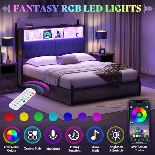 AMERLIFE Full Size Bed Frame with Bookcase Headboard, Charging Station, Rustic Brown H544