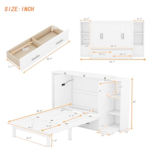 Ball & Cast Queen Size Solid Pine Murphy Bed with Charging Station, White + Walnut P2075