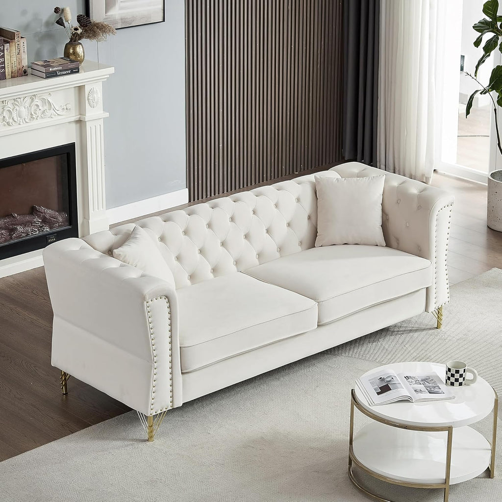 Chesterfield Sofa Grey Velvet 3 Seater Tufted Couch with Metal Foot and Nailhead N623406
