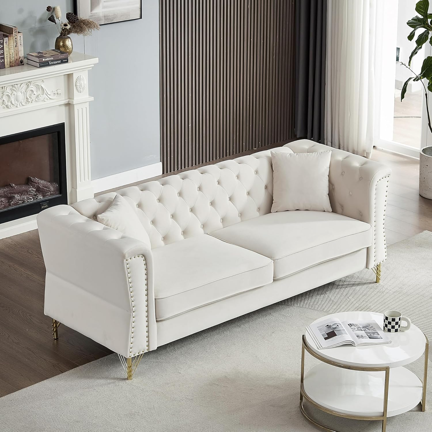 Chesterfield Sofa Grey Velvet 3 Seater Tufted Couch with Metal Foot and Nailhead N623406