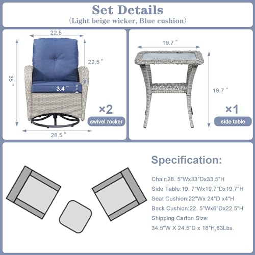 Outdoor Wicker Swivel Rocker Chairs Set of 2 with Rattan Side Table, Brown/Blue B592