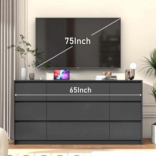White Dresser for Bedroom, 9 Drawer with Charging Station, 63 Inch Wood Chest F765