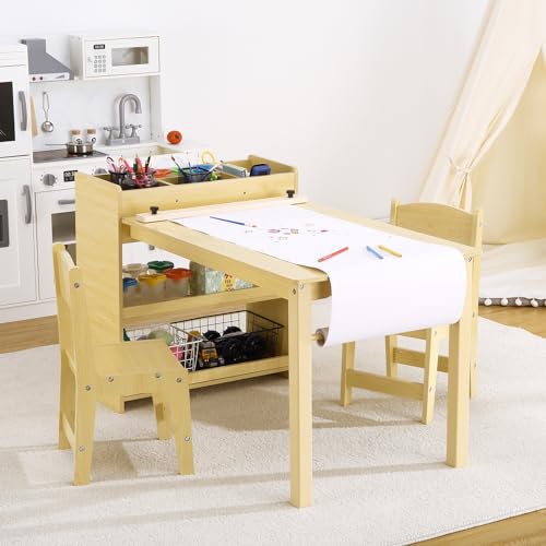 Kids Art Table with 2 Chairs, Toddler Craft Wood Activity Desk with Storage Shelves O767611