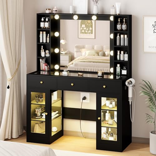 White Vanity Desk with Mirror and Lights, Glass Top, 3 Drawers V863482